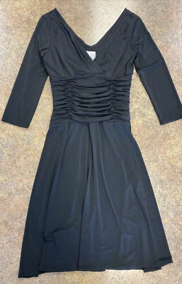 Suzi Chin women's black stretch ruched 3/4 sleeve below knee v neck dress size 8 - Image 1 of 4