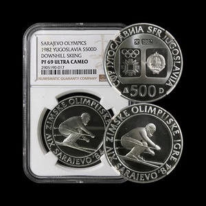 YUGOSLAVIA. 1982, 500 Dinara, Silver - NGC PF69 - Top Pop 🥇 Downhill Skiing - Picture 1 of 5