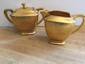 Vintage Stouffer China All Over Gold Floral and Daisies Creamer & Sugar Set - Picture 1 of 6