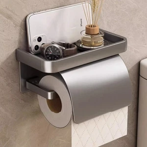 Aluminum Toilet Paper Roll Holder Bathroom Wall Mounted With Phone Storage Shelf - Picture 1 of 18