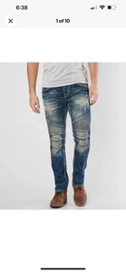 Rock Revival Jeans Men's Size 33 X 30 Rodrigo Biker Blue Embellished Distressed - Picture 1 of 24