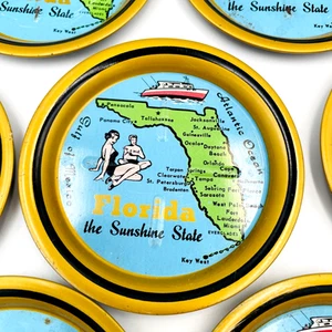 Vintage 1950s Set Of 10 Florida “The Sunshine State” Tin Souvenir Coasters Retro - Imagen 1 de 14