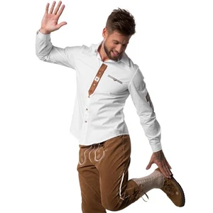 Chemise traditionnelle pour hommes chemise à manches longues Oktoberfest prairie blanche marron broderie Edelweiß - Photo 1/8