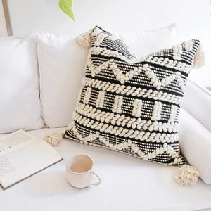 Handmade Black Cream Decorative Throw Pillow Cover Woven Pillowcase 20"x20" 1pc - Picture 1 of 5