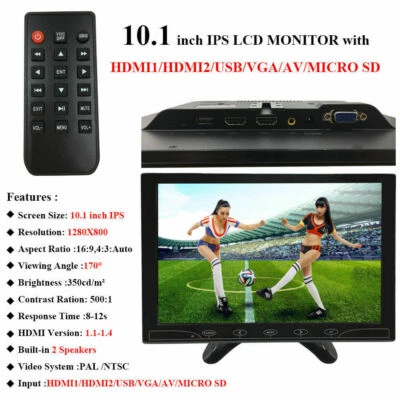 10.1" TFT LCD CCTV Monitor Screen USB/RCA/AV VGA HDMI w/Speaker for Raspberry Pi - Image 1 of 4