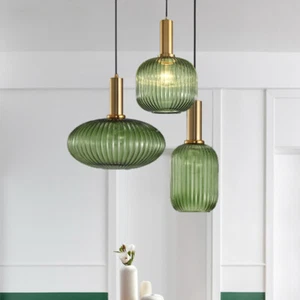 Mid Century Modern Ribbed Green Glass Shade Ceiling Pendant Lamp for Dining Room - Picture 1 of 13