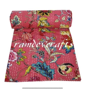 Floral Print Twin Cotton Kantha Quilt Throw Blanket Bedspread Indian Throw Art - Picture 1 of 6