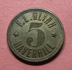 Alte 1880er F. L. BLINN "Good For Trade" Medaille 5¢ Haverhill MA Zigarren & Pool Hall - Bild 1 von 3