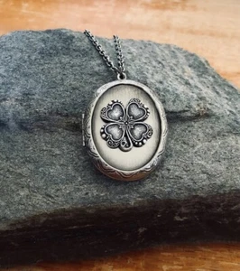 Shamrock Four Leaf Clover Locket Necklace St. Patrick’s Day Celtic Irish Design - Picture 1 of 6