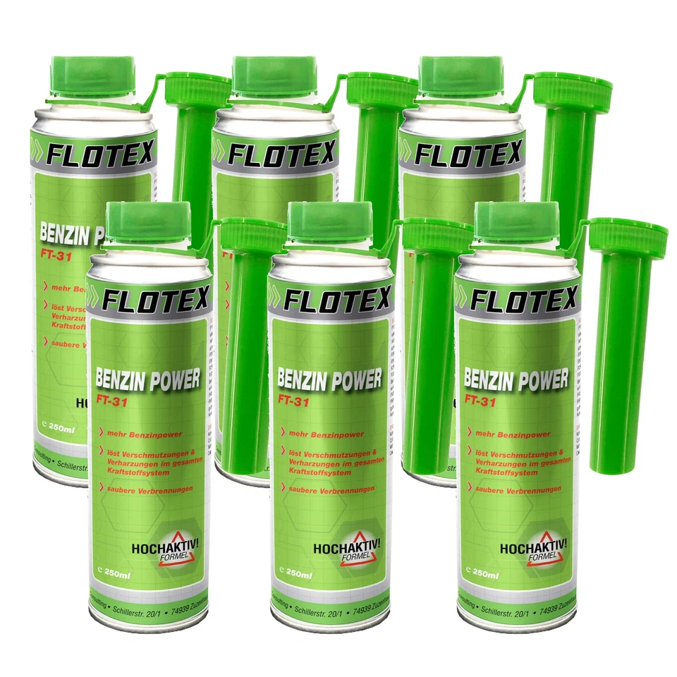 Flotex Benzin Power, 6x 250ml Additiv verbessert Verbrennung, erhöht Benzinpower