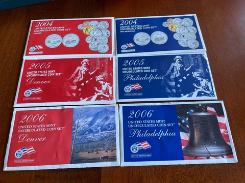 Lot of Three US Mint Sets 2004, 05 & 06 P & D. 6 envelopes with coins as shown Cover