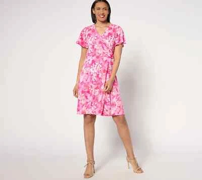 Susan Graver 高液体针织人造裹身连衣裙-粉色花卉高中号 A646287 — 第 1/2 张图片