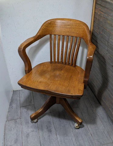 Antique Mission Oak Wood Banker Swivel Rolling Office Arm Chair Gunlocke Style B Cover