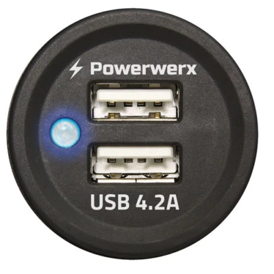 Powerwerx Panel Mount Dual USB 4.2A Device Charger Ports for 12/24VDC