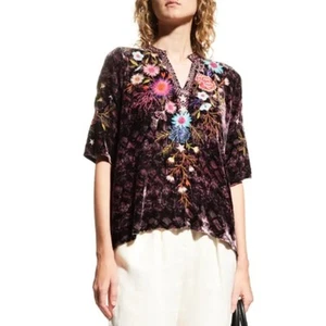 Johnny Was Ulla Seidentop mit Blumenstickerei Gr. M Boho Hippie Landhaus Samt - Bild 1 von 6