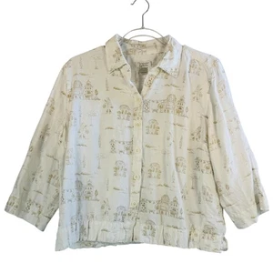 Christopher & Banks Linen Blend Button Shirt Scenic Print Village Houses Coastal - Picture 1 of 8