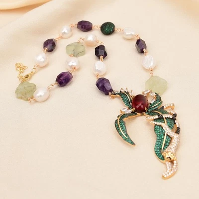 Collar colgante de amatista prehnita natural de perlas Keshi blancas cultivadas de 18"" Foto 1 de 4