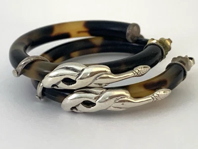 Amazing Coiled Silver Snake /Tortoise Shell Hoop Earrings by GAS BIJOUX, France - Image 1 of 4