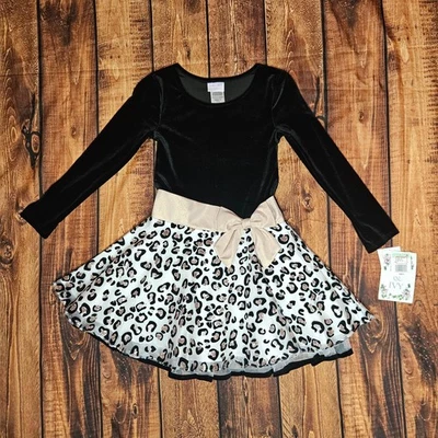 NWT IRIS & IVY Girls  Black & Gold Velvet Animal Print Glitter Holiday Dress Sz8 - Image 1 of 4