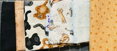 Lot of 6 Cotton Fabric Scraps Cats Coordinating Brown Black Lt Blue Yarn Lot #1 - Image 1 of 4