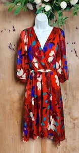 Vestido midi envolvente floral Chaps talla 8 forrado manga 3/4 colorido cinturón cuello en V - Imagen 1 de 8