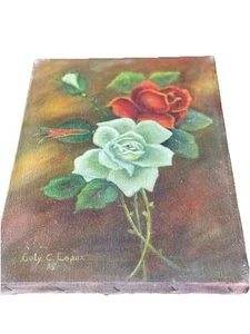 Gorgeous Old Canvas Painting Roses Flowers Rose Bud Signed - Imagen 1 de 20