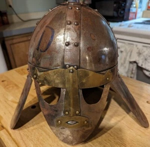 Vintage Medieval Sutton Hoo Helmet Solid Steel & Brass Metal Full Size - Picture 1 of 6