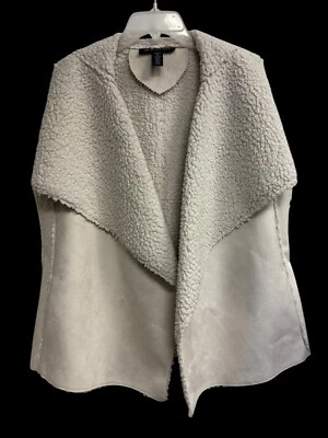 INC Faux Fur Suede Sherpa Waterfall Open Vest Size L Cream Off White W/ Pockets - Image 1 of 4