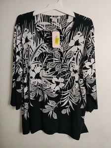NWT Allison Daley Top 3X Black White Floral Luxury Plus Size 3/4 Sleeves - Picture 1 of 4