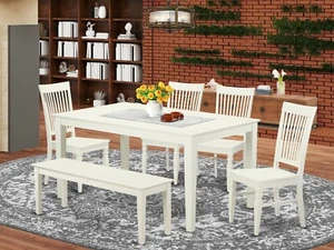 6pc Capri dinette kitchen dining table + bench + 4 Weston chairs in linen white - Picture 1 of 12