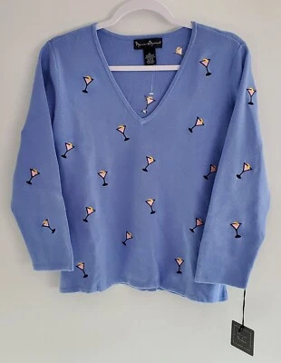 NWT Mercer & Madison Women’s Large Blue V-Neck Martini Cocktails Cotton Sweater - Image 1 of 4