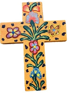 Mexikanisches handgefertigtes Holzkreuz mit bunten bemalten Blumen 8,5 Zoll hoch - Bild 1 von 2