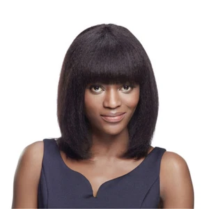 Yaki Kinky Straight Bob Wig with Bangs Full Machine Human Hair Wig with Fringe - Picture 1 of 6