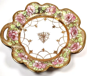 Nippon Moriage Bonbon Candy Dish Bowl Nappy Trinket Pink Rose Floral Gold Gilt - Picture 1 of 14