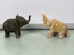 Mini Elephant Figures Figurines Art Copper Bronze Marble Trunks Up Vintage - Picture 1 of 9