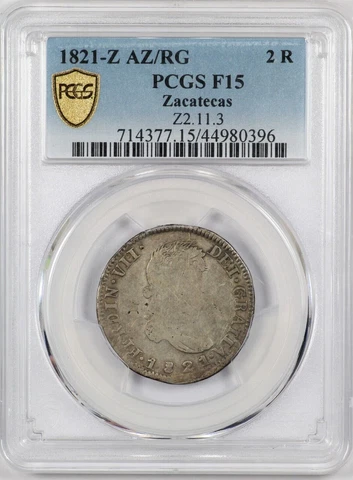 PCGS F15 1821-Z AZ/RG 2 Reales Zacatecas Silver Coin Cover