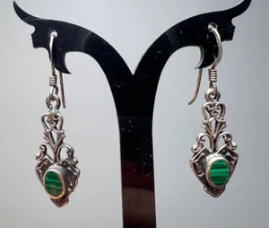 Vintage Sterling Silver Malachite Dangle Drop Earrings - Picture 1 of 9