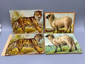 Antique ~ Wooden Dissected Puzzles ~ Tiger & Ram ~ 6.5" x 4.75" ~ Very Old ! - Picture 1 of 7