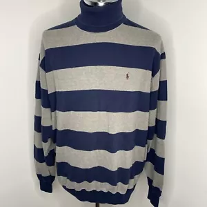 Camicia vintage anni '90 Ralph Lauren blu grigio a righe manica lunga collo a turtleneck da uomo L - Foto 1 di 7