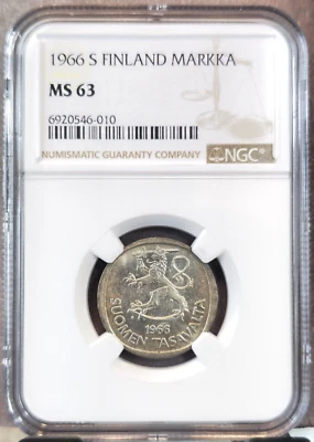 1966 FINLAND SILVER 1 MARKKA NGC MS 63 NICE LOOKING COIN - Image 1 of 3