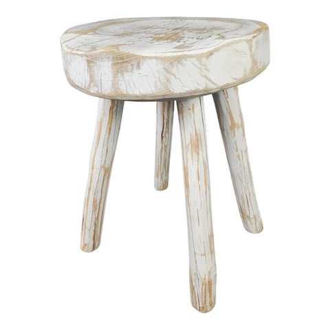 Vintage Stool Bench Seat Plant Stand Accent Table Carved Live Edge Wooden Stump Cover