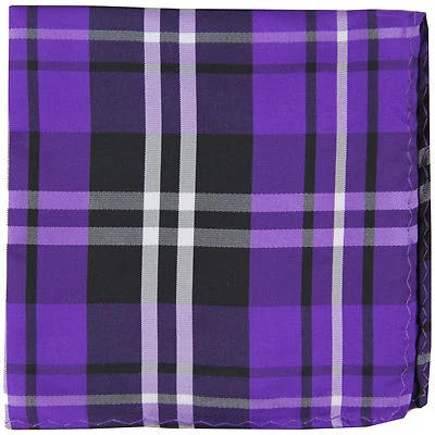 New men's polyester woven plaid hankie pocket square formal black purple white - Image 1 of 2