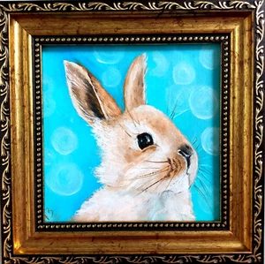 Linda pintura de conejo pequeño conejito obra de arte animal mascota pintura arte enmarcado en oro - Imagen 1 de 11
