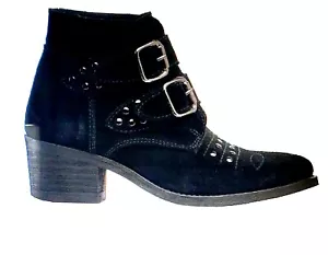 ELLOS ZWEI SCHNALLEN WILDLEDER BOOTIE | Schwarz Wildleder Damen 12 M | Neu mit Karton - Bild 1 von 7