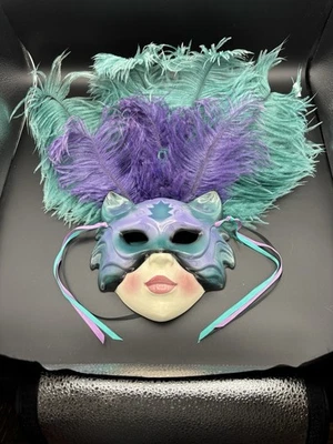 Stunning CLAY ART SAN FRANCISCO Ceramic Teal Purple Feathers CAT MASK - Image 1 of 3
