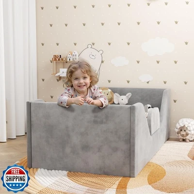 SOFTLYNICE Cama para niños pequeños, Marco de cama de piso para niños pequeños con rieles protectores, Cama pequeña f Foto 1 de 4
