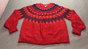 Time And Tru Pullover Damen XL Fuzzy Fair Isle Retro Grandmacore Wacky Indie Rot - Bild 1 von 9