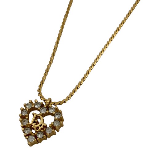 Collana Christian Dior Logo Strass Motivo Cuore Collana Placcato Oro Gol...