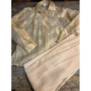 Conjunto Top y Pantalones Bob Mackie Studio Floral Seda - Beige, Talla 10 Vintage - Imagen 1 de 16