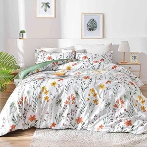 Floral Duvet Cover King Size - White Yellow Flowers and Green Leaf Spring Bot... - Picture 1 of 8